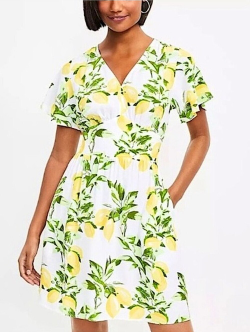 LOFT White Dress with Yellow Lemon and Green Leaf Print